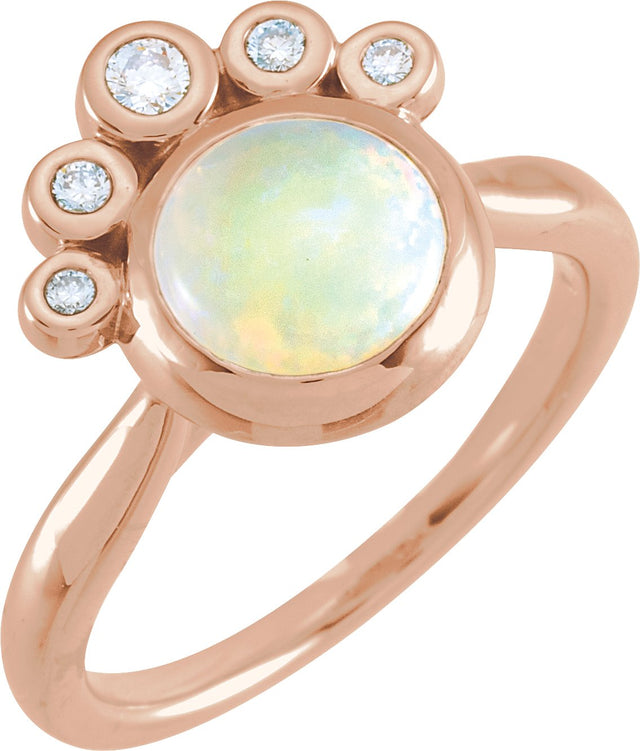 14K Gold Round Natural White Opal & Natural Diamond Bezel-Set Cabochon Ring - Rose Gold