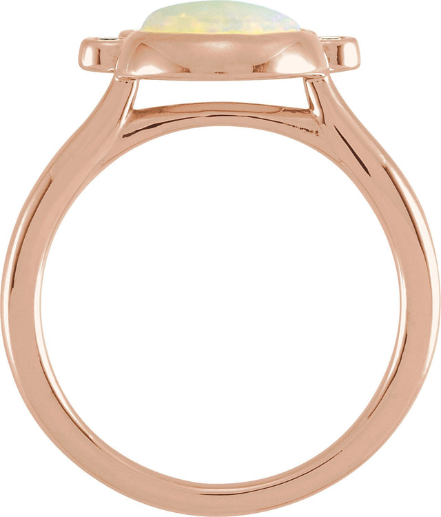 14K Gold Round Natural White Opal & Natural Diamond Bezel-Set Cabochon Ring - Rose Gold - view 2