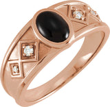 14K Gold Oval Natural Black Onyx & Natural Diamond Bezel-Set Cabochon Ring - Rose Gold