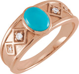 14K Gold Oval Natural Turquoise & Natural Diamond Bezel-Set Cabochon Ring - Rose Gold