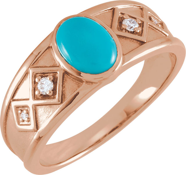 14K Gold Oval Natural Turquoise & Natural Diamond Bezel-Set Cabochon Ring - Rose Gold