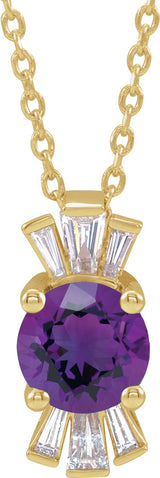14K Gold Round Natural Amethyst & Natural Diamond Accented Necklace or Pendant – 1/6 CTW - Yellow Gold