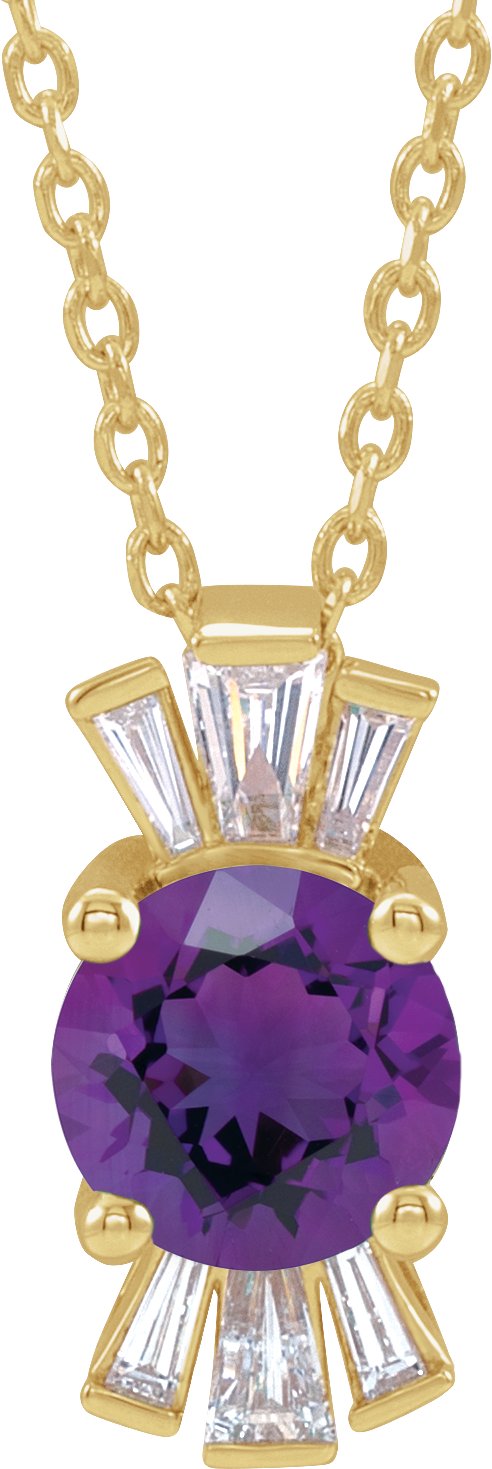14K Gold Round Natural Amethyst & Natural Diamond Accented Necklace or Pendant – 1/6 CTW - Yellow Gold