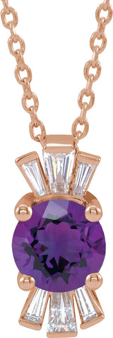 14K Gold Round Natural Amethyst & Natural Diamond Accented Necklace or Pendant – 1/6 CTW - Rose Gold
