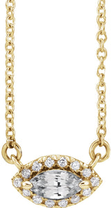 14K Gold Marquise Natural White Sapphire & Natural Diamond French-Set Halo-Style Necklace - Yellow Gold