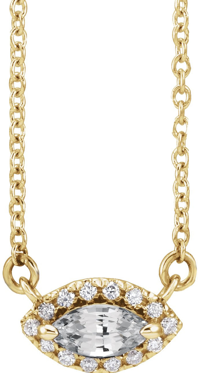 14K Gold Marquise Natural White Sapphire & Natural Diamond French-Set Halo-Style Necklace - Yellow Gold