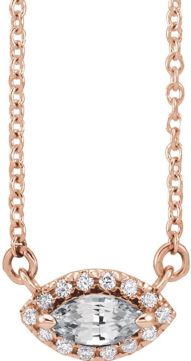 14K Gold Marquise Natural White Sapphire & Natural Diamond French-Set Halo-Style Necklace - Rose Gold