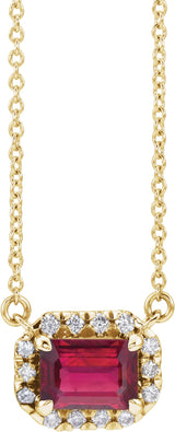 14K Gold Emerald Lab-Grown Ruby & Natural Diamond French-Set Halo-Style Necklace - Yellow Gold