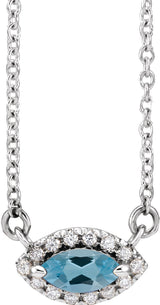 14K Gold Marquise Natural Aquamarine & Natural Diamond French-Set Halo-Style Necklace - White Gold