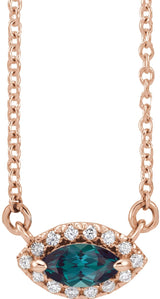14K Gold Marquise Lab-Grown Alexandrite & Natural Diamond French-Set Halo-Style Necklace - Rose Gold