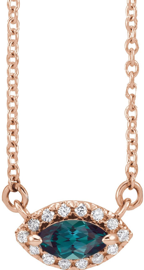 14K Gold Marquise Lab-Grown Alexandrite & Natural Diamond French-Set Halo-Style Necklace - Rose Gold