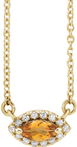 14K Gold Marquise Natural Citrine & Natural Diamond French-Set Halo-Style Necklace - Yellow Gold