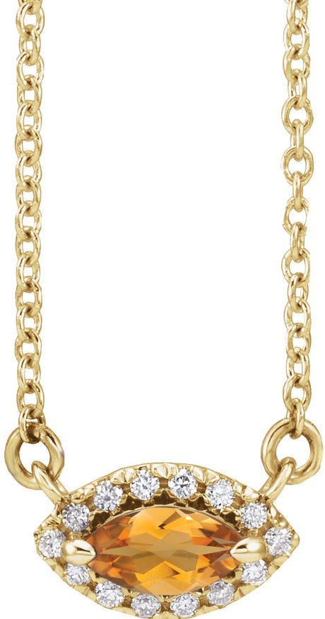 14K Gold Marquise Natural Citrine & Natural Diamond French-Set Halo-Style Necklace - Yellow Gold