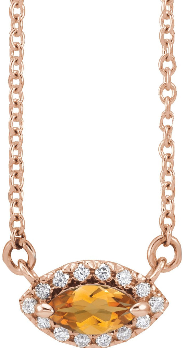 14K Gold Marquise Natural Citrine & Natural Diamond French-Set Halo-Style Necklace - Rose Gold