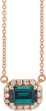 14K Gold Emerald Lab-Grown Alexandrite & Natural Diamond French-Set Halo-Style Necklace - Rose Gold