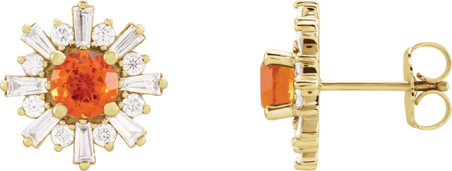 14K Gold Round Natural Mexican Fire Opal & Natural Diamond Halo-Style Star Earrings – 5mm Stones - Yellow Gold