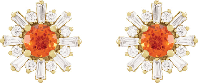 14K Gold Round Natural Mexican Fire Opal & Natural Diamond Halo-Style Star Earrings – 5mm Stones - Yellow Gold - view 2