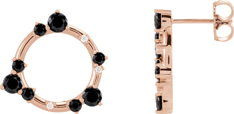 14K Gold Round Natural Black Onyx & Natural Diamond Circle Earrings - Rose Gold