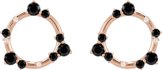 14K Gold Round Natural Black Onyx & Natural Diamond Circle Earrings - Rose Gold - view 2