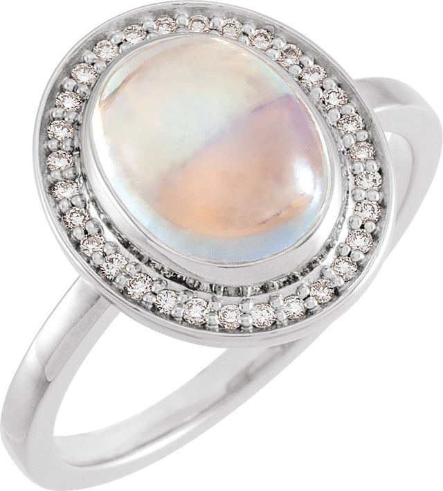 14K Gold Oval Natural Rainbow Moonstone & Natural Diamond Halo-Style Cabochon Ring – 7x5mm - White Gold