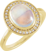 14K Gold Oval Natural Rainbow Moonstone & Natural Diamond Halo-Style Cabochon Ring – 7x5mm - Yellow Gold