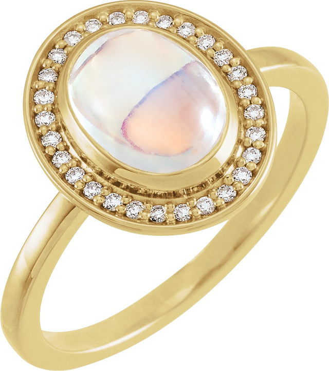 14K Gold Oval Natural Rainbow Moonstone & Natural Diamond Halo-Style Cabochon Ring – 7x5mm - Yellow Gold