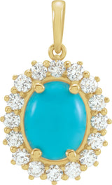 14K Gold Oval Natural Turquoise & Natural Diamond Halo-Style Necklace or Pendant – 8x6mm - Yellow Gold