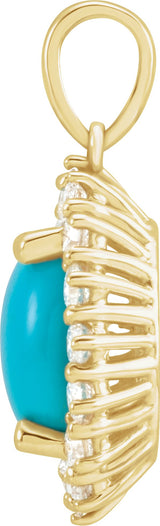 14K Gold Oval Natural Turquoise & Natural Diamond Halo-Style Necklace or Pendant – 8x6mm - Yellow Gold - view 2