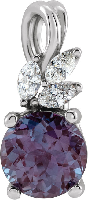 Platinum Round Lab-Grown Alexandrite & Natural Diamond Accented Floral Necklace or Pendant