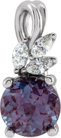 14K Gold Round Lab-Grown Alexandrite & Natural Diamond Accented Floral Necklace or Pendant - White Gold