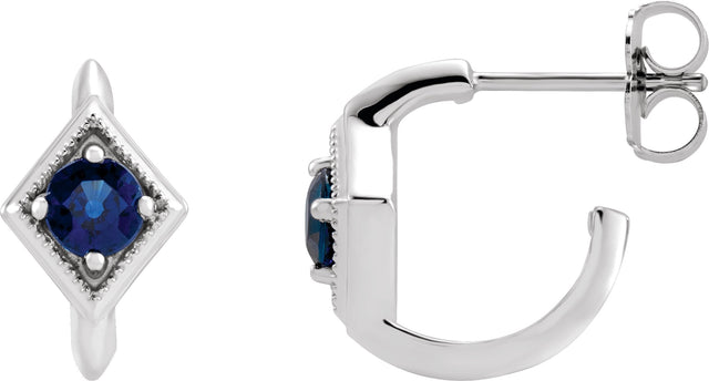 Platinum Round Natural Blue Sapphire Geometric Hoop Earrings