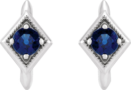 Platinum Round Natural Blue Sapphire Geometric Hoop Earrings - view 2