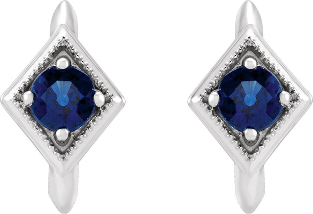 14K Gold Round Natural Blue Sapphire Geometric Hoop Earrings - White Gold - view 2