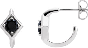 14K Gold Round Natural Black Onyx Geometric Hoop Earrings - White Gold