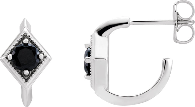 14K Gold Round Natural Black Onyx Geometric Hoop Earrings - White Gold