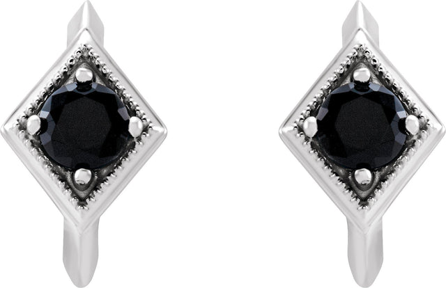 14K Gold Round Natural Black Onyx Geometric Hoop Earrings - White Gold - view 2