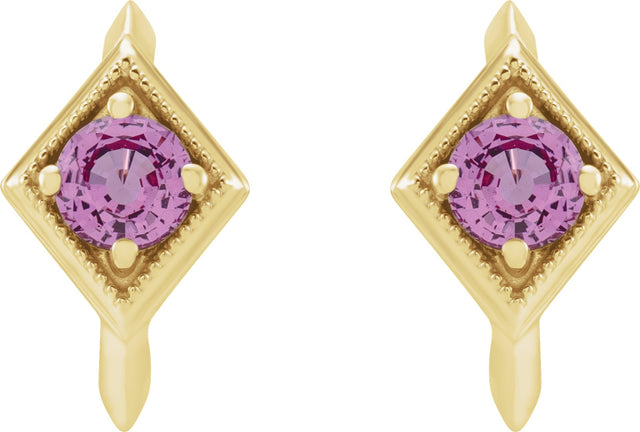 14K Gold Round Natural Pink Sapphire Geometric Hoop Earrings - Yellow Gold - view 2
