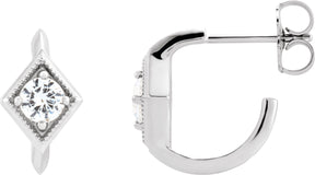 14K Gold Round Natural White Sapphire Geometric Hoop Earrings - White Gold