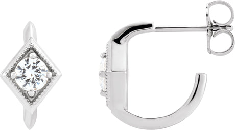 14K Gold Round Natural White Sapphire Geometric Hoop Earrings - White Gold