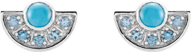 14K Gold Round Natural Turquoise & Natural Aquamarine Fan Earrings - White Gold - view 2