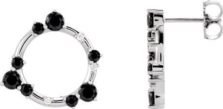 14K Gold Round Natural Black Onyx & Natural Diamond Circle Earrings - White Gold