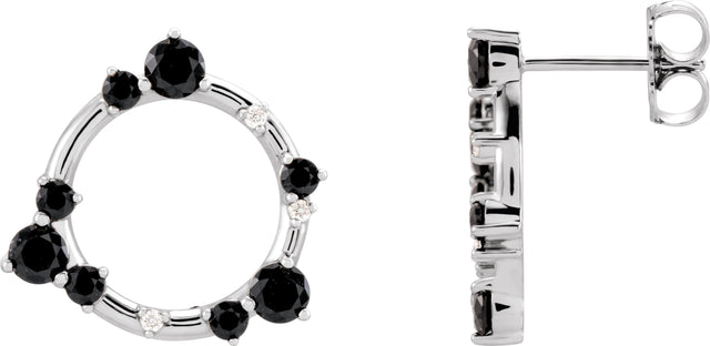 14K Gold Round Natural Black Onyx & Natural Diamond Circle Earrings - White Gold