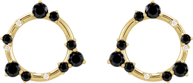 14K Gold Round Natural Black Onyx & Natural Diamond Circle Earrings - Yellow Gold - view 2