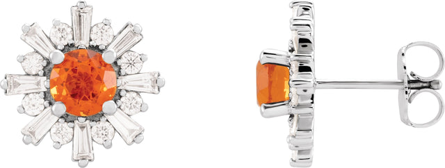 Platinum Round Natural Mexican Fire Opal & Natural Diamond Halo-Style Star Earrings – 5mm Stones