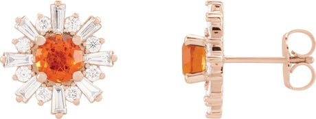 14K Gold Round Natural Mexican Fire Opal & Natural Diamond Halo-Style Star Earrings – 5mm Stones - Rose Gold