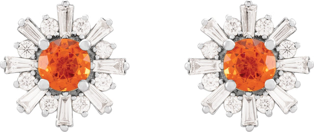 14K Gold Round Natural Mexican Fire Opal & Natural Diamond Halo-Style Star Earrings – 5mm Stones - White Gold - view 2