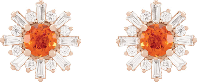 14K Gold Round Natural Mexican Fire Opal & Natural Diamond Halo-Style Star Earrings – 5mm Stones - Rose Gold - view 2