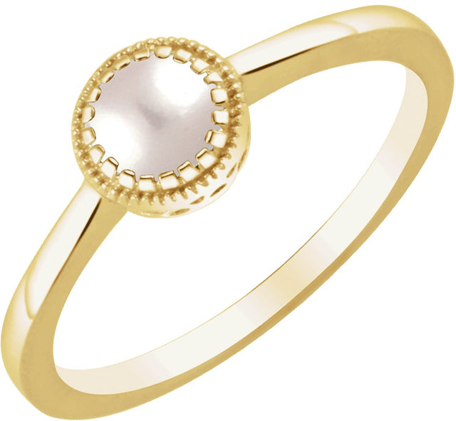 14K Gold Cultured White Freshwater Pearl Milgrain Bezel-Set Solitaire Birthstone Ring - Yellow Gold