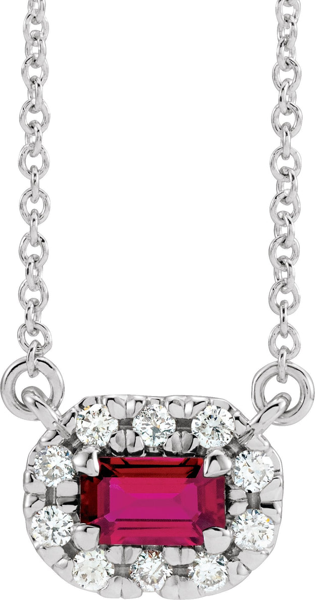 14K Gold Emerald Natural Ruby & Natural Diamond French-Set Halo-Style Necklace - White Gold