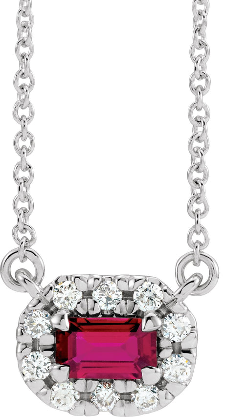14K Gold Emerald Lab-Grown Ruby & Natural Diamond French-Set Halo-Style Necklace - White Gold